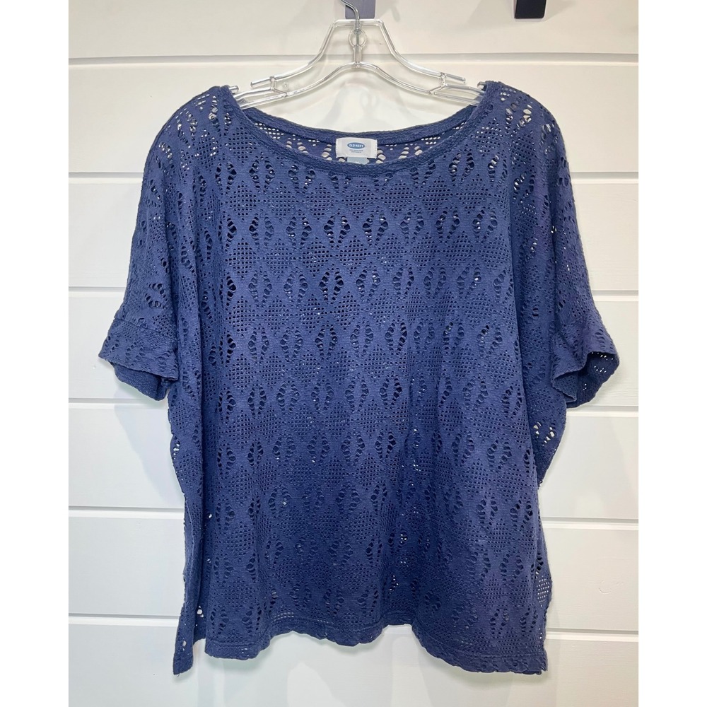 Old Navy Pointelle Knit Top Womens M Navy Blue‎ Crochet Boxy Boho Coastal Casual